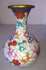 ANCIEN TRES BEAU VASE SOLIFLORE EN EMAUX LAITON DECOR FLEURS 1950