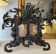 Antique French Art Nouveau Double Photo Frame In Blackened Solid Copper - C 1880