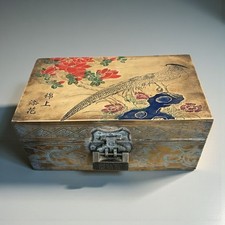 Boîte asiatique vintage décor oiseau & pivoines, laiton doré gravé / Asian brass