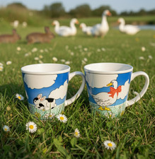 Lot 2 Tasses Lapin Oie Champêtre Kitsch Années 90 Décor Champ Fleurs Nuages Mug