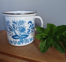 Magnifique Grand Mug Belle Tasse En Métal Émaillé Motif Oignon Bleu Tbe