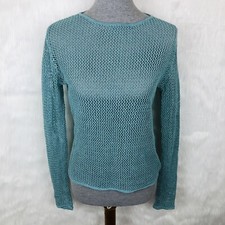 Eileen Fisher Medium Sweter Knit Fishnet Long Sleeve Light Blue 100% Linen
