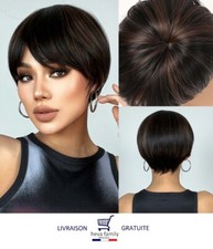 Perruque Femme Brun foncé Coupe Courte Pixie Cheveux Lisse Synthétique Frange