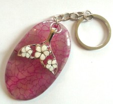 Porte Clé / Bijou de sac Agate veines de dragon rose et queue de sirène irisée