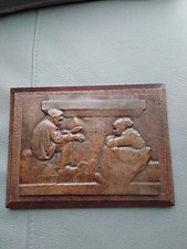 Médaille Plaque Bronze Paul Niclausse Paysans près du Feu 17x12 cm Support Bois