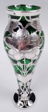 La Pierre Vase Antique Art Nouveau Américain Argent Surimposé Verre Vert