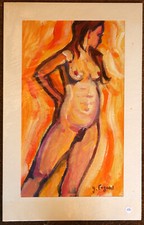 tableau de Gérard Fagard (1938-2021): nu féminin sur fond orange