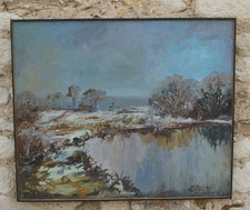 L'Etang en hiver Huile sur toile signee D Zecevic  artiste Croate je crois