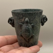 ANCIENNE TASSE À VIN ROMAINE EN BRONZE AVEC FIGURINES D'ANIMAUX