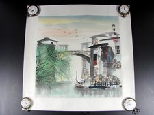 Old Chinese Japanese Hanging Watercolour Scroll Landscape house & bridge signed