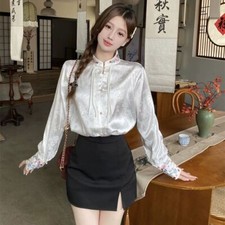 Chemisier Satin Femme Top En Faux Soie Pull Retro Style Chinois