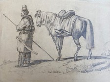 Rare Grand Dessin CAVALIER ET SON CHEVAL COSAQUE années 1850 Signé