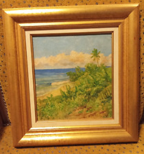 Huile sur toile Vintage : Tableau Plage et Végétation Tropicale à déterminer