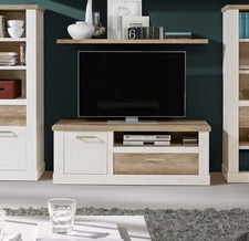 Meuble Bas TV Pin Blanc Chêne Antique 139Cm