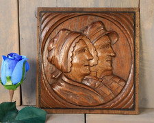 Antique French Hand Carved Wood Panel Breton Portrait Salvaged Door c1900