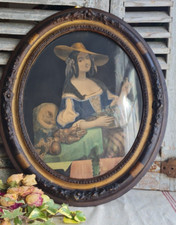 ANCIENNE LITHO GRAVURE SOUS CADRE OVALE EN BOIS DECOR DE ROSES SCULPTEES