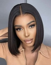 Perruque Femme Courte Coupe Carré Wig Humains Lisses 4x4 Dentelle 25cm +Cadeau