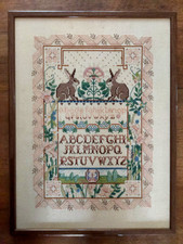 Superbe broderie au point de croix, ABECEDAIRE Lapins et fleurs. TBE.