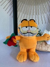 625⚜️ Ancienne Peluche Doudou Le Chat Garfield Avec des Fleurs Hauteur 25 Cm