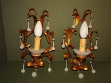 Paire d'appliques MURANO 1950 Pampilles Perles Opaline Blanche métal doré sconce