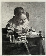 Jan Van Der Meer Gravure Etching Portrait Femme Couture La Dentellière Dentelle