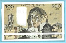 500 Francs PASCAL DU 3-3-1988 2 billets consécutifs NEUFS