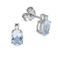 Boucles d'oreilles en or 375 blanc avec 2 aigues-marines et 2 brillants 0,04 ...