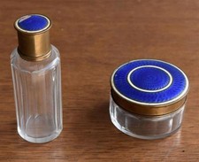 Nécessaire de toilette de flacons bouchon émaillée bleu époque 1900