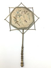 Ecran à Main Pare Feu Étincelles 19 th Laiton Doré XIX EMe Soie