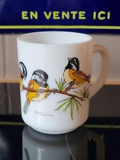 MUG TASSE CAFÉ THÉ VINTAGE VERRE ARCOPAL DÉCOR OISEAUX MÉSANGES SIGNÉ R. CARMAN