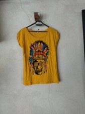 T-shirt jaune crâne indien plume tête de mort strass 2ELLES 100% coton taille un