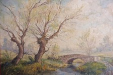 Ancien Tableau, Paysage, Arbres, Pont..., Signé