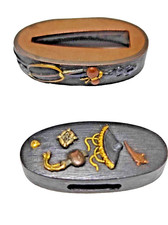 Fuchi Kashira tsuba Japon période edo Authentique décor zogan wakizashi