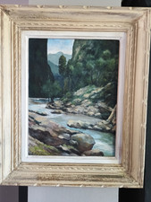 Tableau ancien sur toile représentant une rivière en montagne, signé R. ROHAN ?