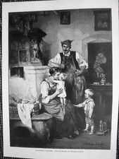 Couple Enfants Poêle en Faïence Gravure sur Bois '1889 Genrebild Matthias Schmid