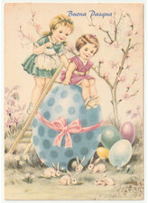 1959 Galbiati Filles Œuf De Pâques Géant Lapin Carte De Pâques Vintage