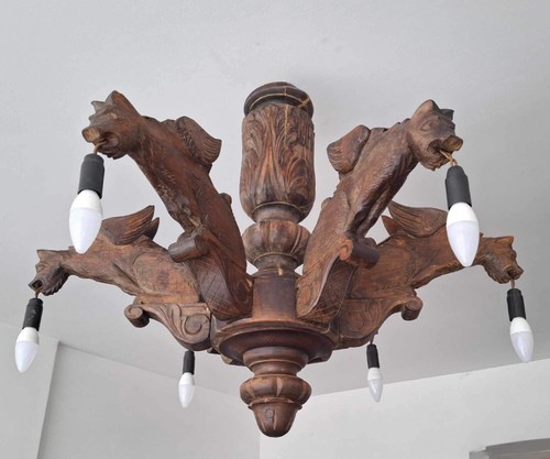 Grand lustre vintage bois - lustre,