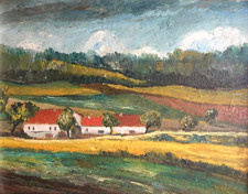 "Ferme Longère dans la campagne" Huile isorel c 1930