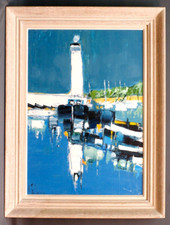 Bernard Folinais Vue d'un port et son phare vers 1970