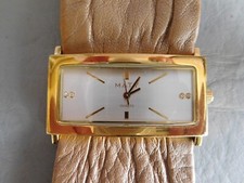 MATY MONTRE BRACELET CUIR MARRON RECTANGLE ACIER PL OR QUARTZ FEMME WOMAN WATCH