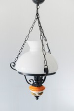 Ancienne Suspension de Salon en Fer et Céramique Orange avec Abat-Jour Opaline