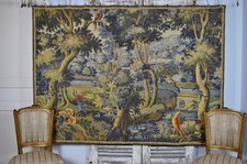 Magnifique grande tapisserie tissée vintage française Verdure à suspendre murale, oiseaux et arbres