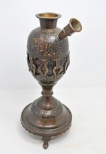 Ancien Main Crafted Fin Intérieur Peint Gravé Laiton Hookah Base Pot