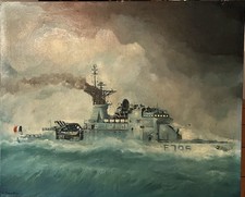 Beau Tableau ancien hst marine portrait de navire militaire sur mer formée signé