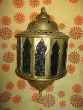 Vintage Ancienne LANTERNE ORIENTALE en LAITON et VERRE Suspension Maroc Maghreb