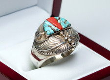 Argent - Bague Vintage Pour Homme - Turquoise / Corail - Navajo, Bijoux Indiens