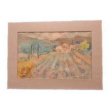 Peinture Ancienne Aquarelle Provence Paysage Arbres Nature. Tableau Signé