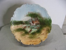 Très belle assiette porcelaine Limoges v. 1890-1910 peinte main décor Chasse