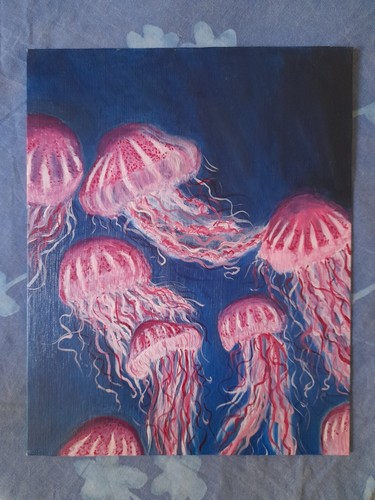 Peinture huile méduses - peinture, à