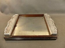 Ancien plateau de service de table en bois et miroir vintage de style Art Déco